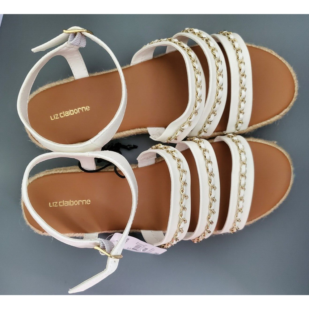 Liz Claiborne Ivory White Faux Leather Sandals Gold Chain Accent Rope Trim 9 NWT